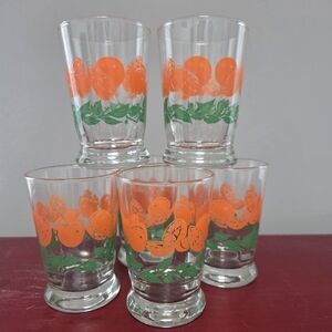 4 Libbey Vintage RARE Juice Glasses 6 Ounces Footed Orange  Green Pattern Retro